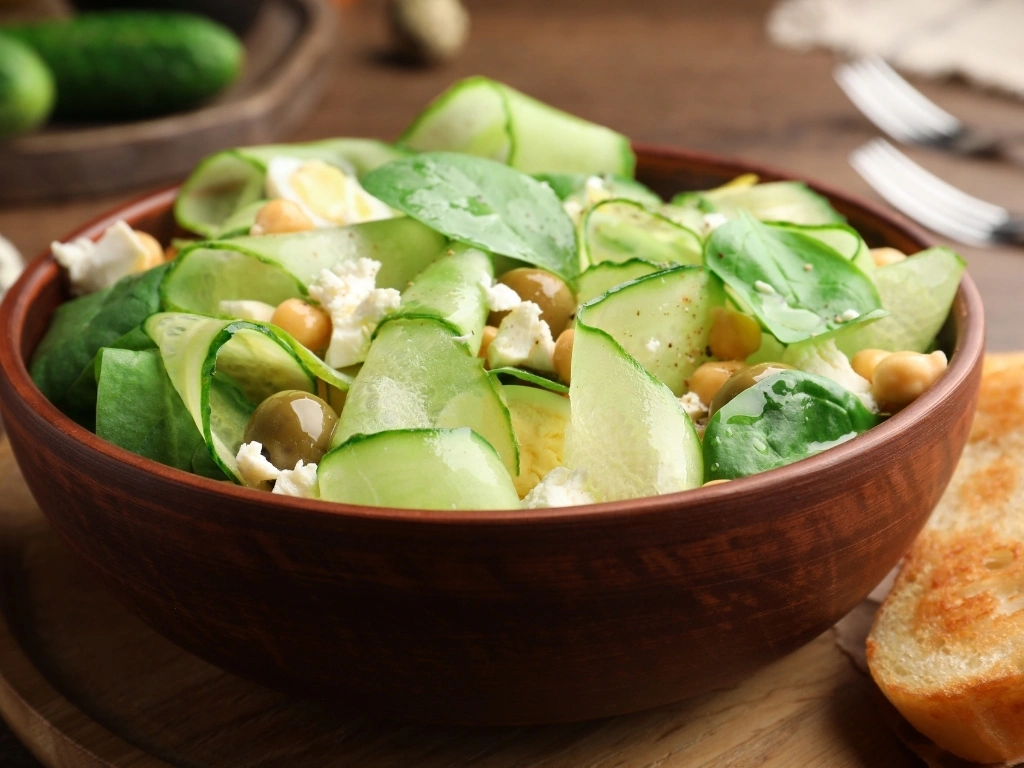 Bowl of chickpea and cucumber salad, served with bread
