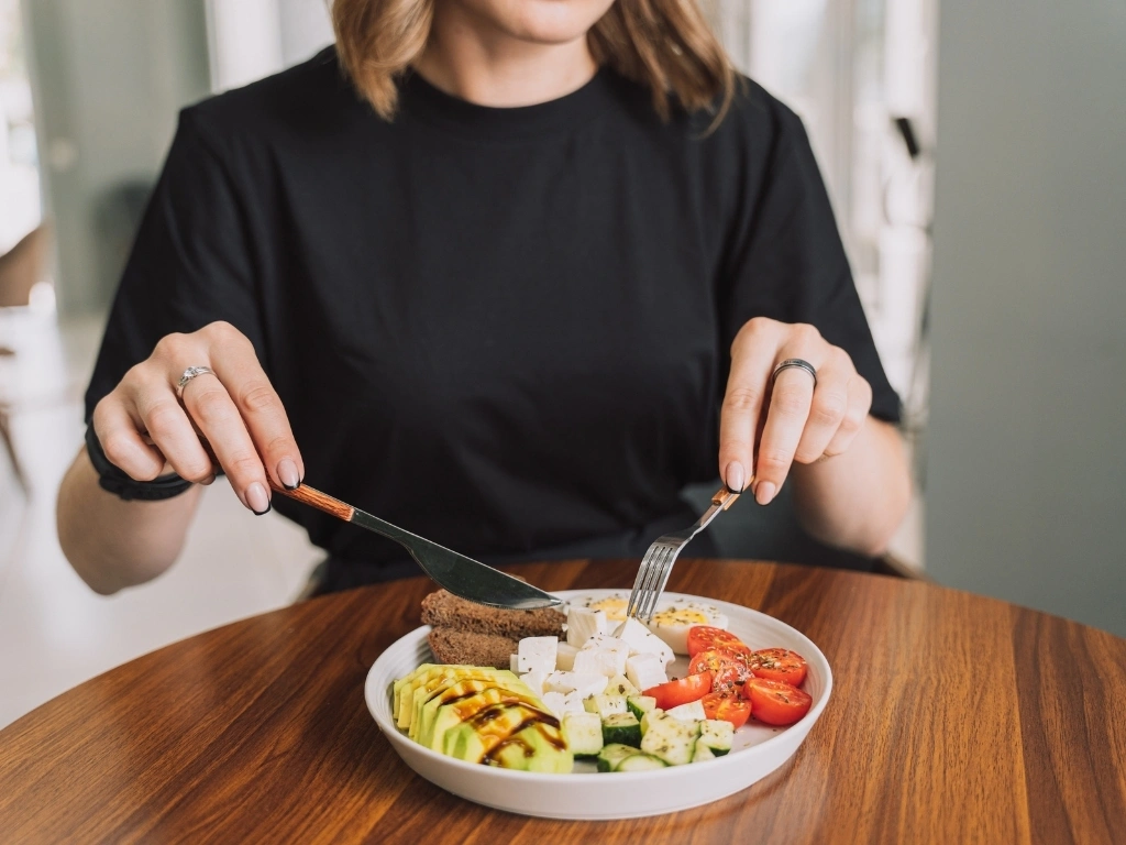 Woman eating a balanced meal with avocado, tomatoes, tofu, eggs, bread, and cucumber