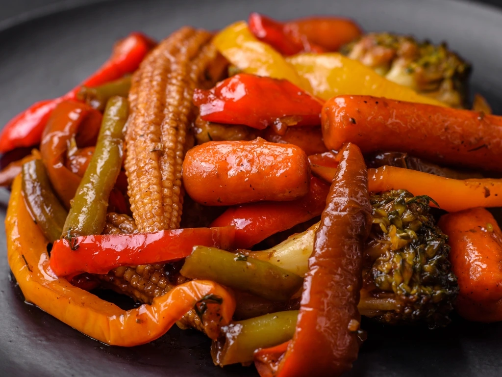 Plate of roasted mixed vegetables including carrots, baby corn, bell peppers, green beans, and broccoli with seasoning on a dark plate