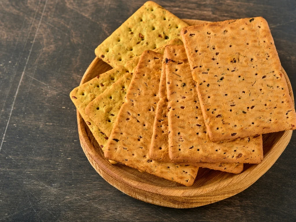 Wooden bowl filled with plain crackers