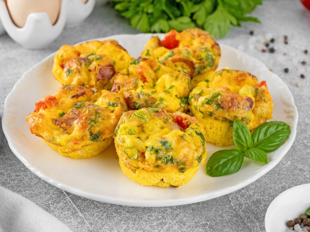 Plate of egg cups with bell peppers