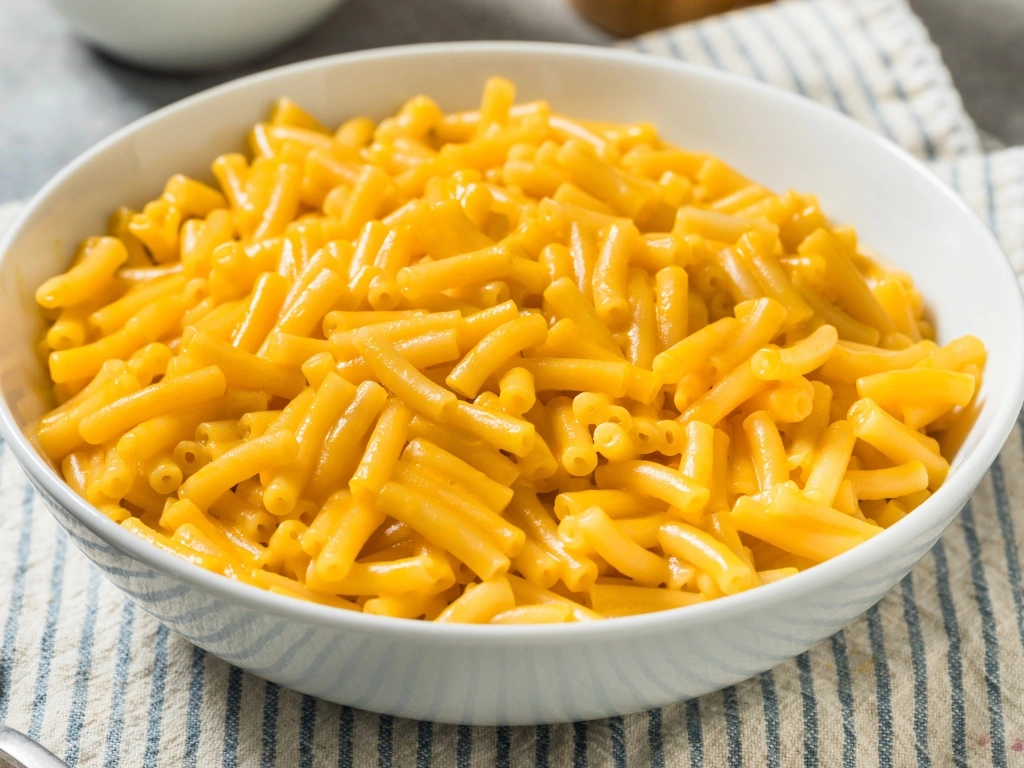 Bowl of mac and cheddar cheese served on a piece of tablecloth