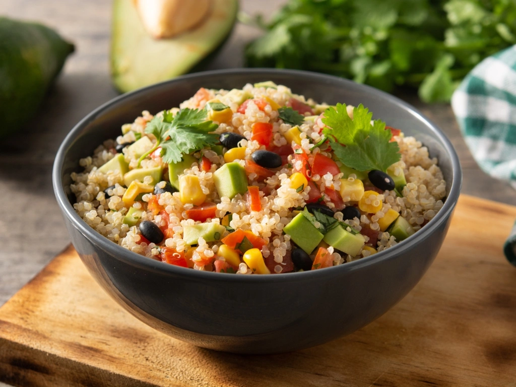 Quinoa bowl with black beans, corn, avocado, and low-sodium salsa, served on a wooden table