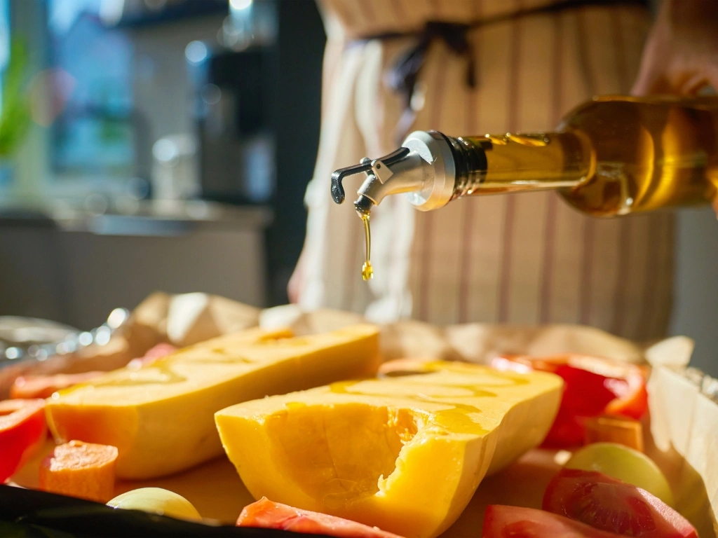 Woman drizzling olive oil on a tray of sliced butter squash and tomatoes