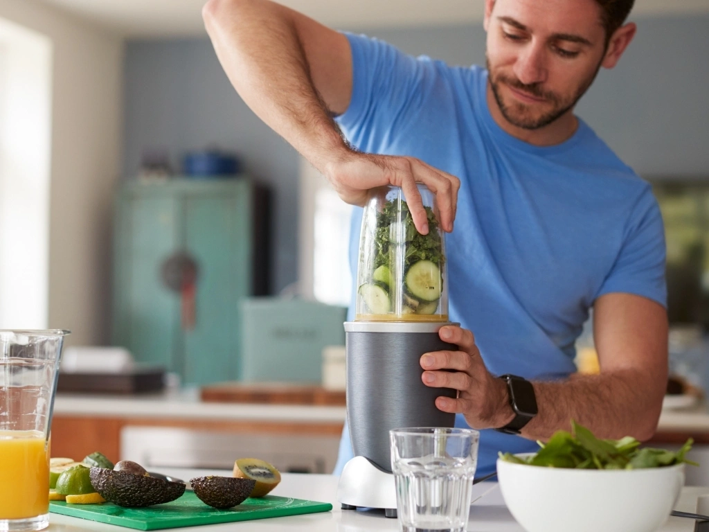 Man preparing to blend various fruits and vegetables into a smoothie