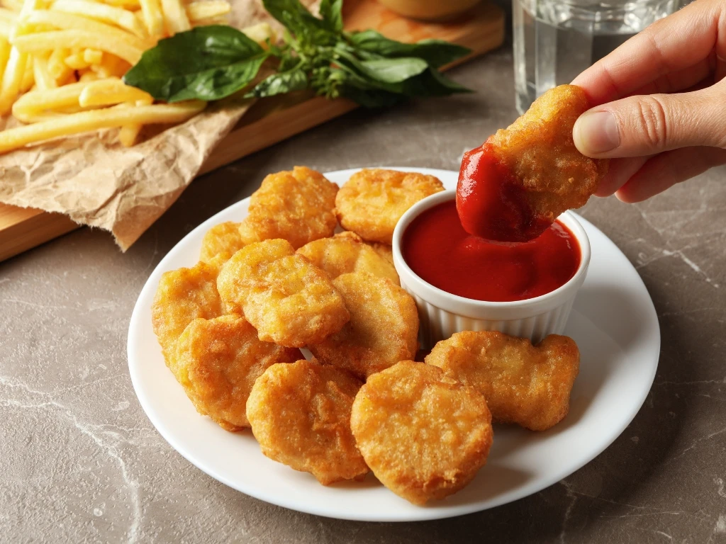 Woman dipping a chicken nugget into ketchup beside a plate of chicken nuggets, with fries served separately on a wooden board nearby