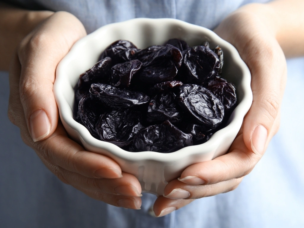 Woman holding a bowl of prunes