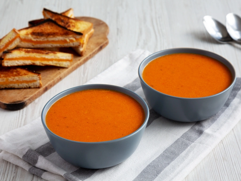 Two bowls of tomato soup on a tablecloth, next to a pile of grilled cheese sandwiches served on a wooden table and a pair of spoons