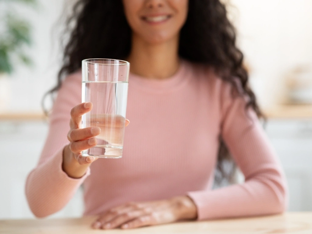 Unrecognizable Smiling Lady Offering Glass With Mineral Water