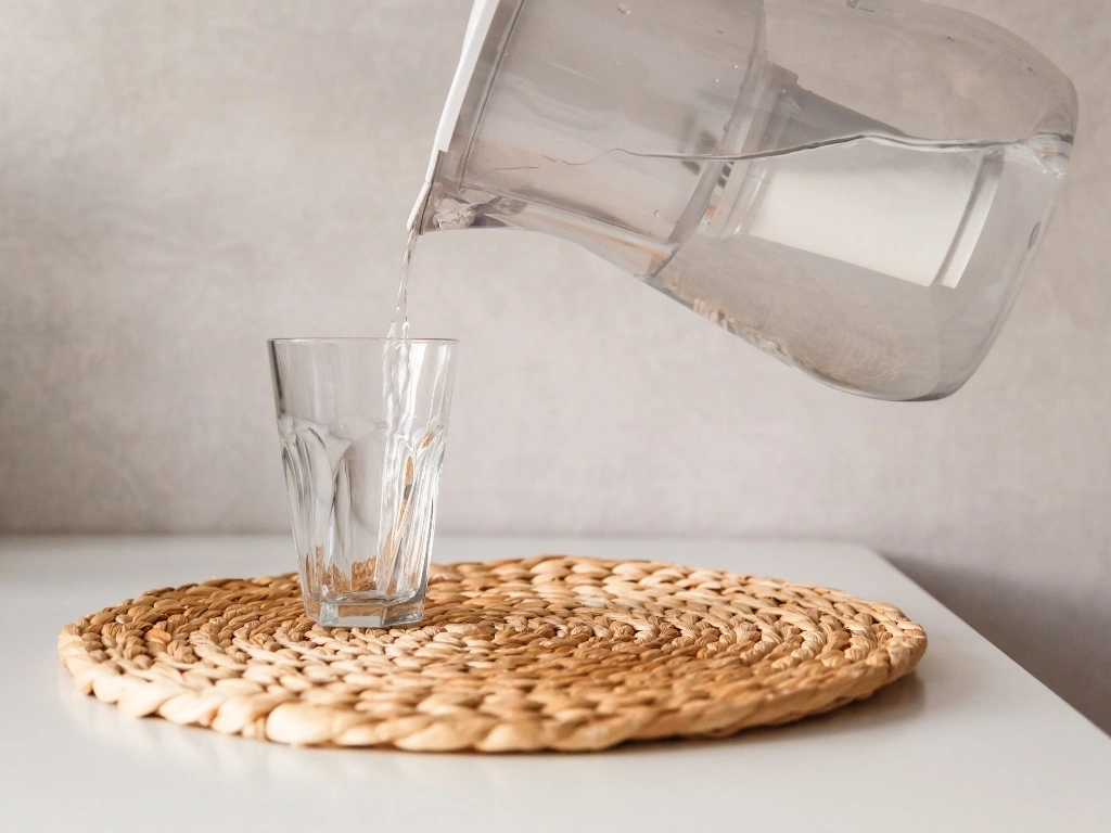 Pouring water from pitcher into a glass