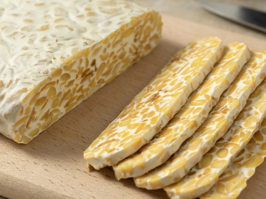 Slices of tempeh on a wooden board
