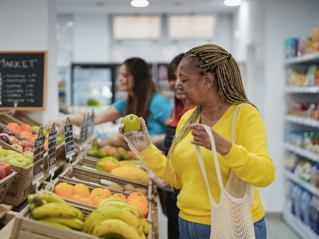 Woman in yellow picking fruits, with other women next to her in the grocery aisle