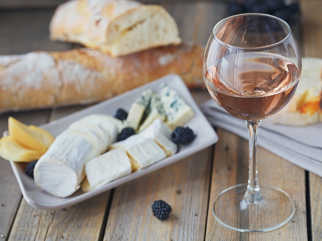 Glass of wine, plate of sliced cheeses, and breads, all on a wooden table