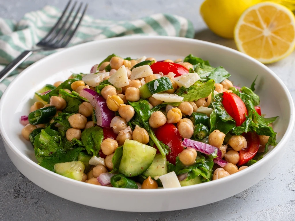 Fresh chickpea salad with cucumbers, tomatoes, red onions, and greens in a white bowl