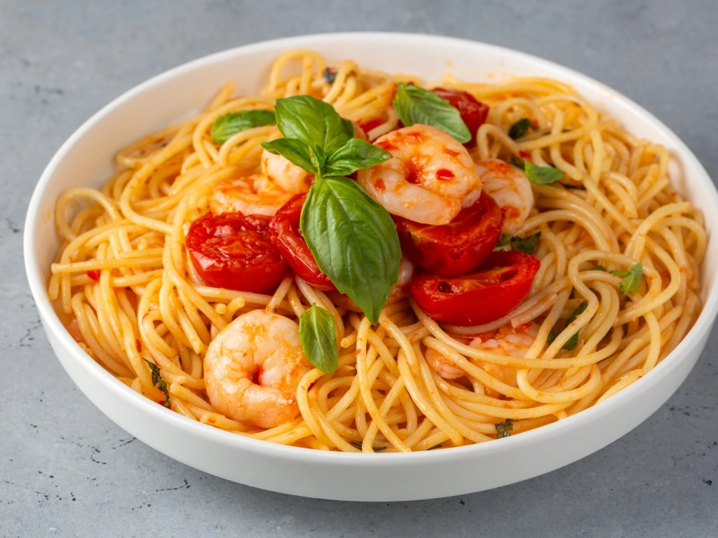 Plate of prawn spaghetti tossed in tomato-basil chili sauce