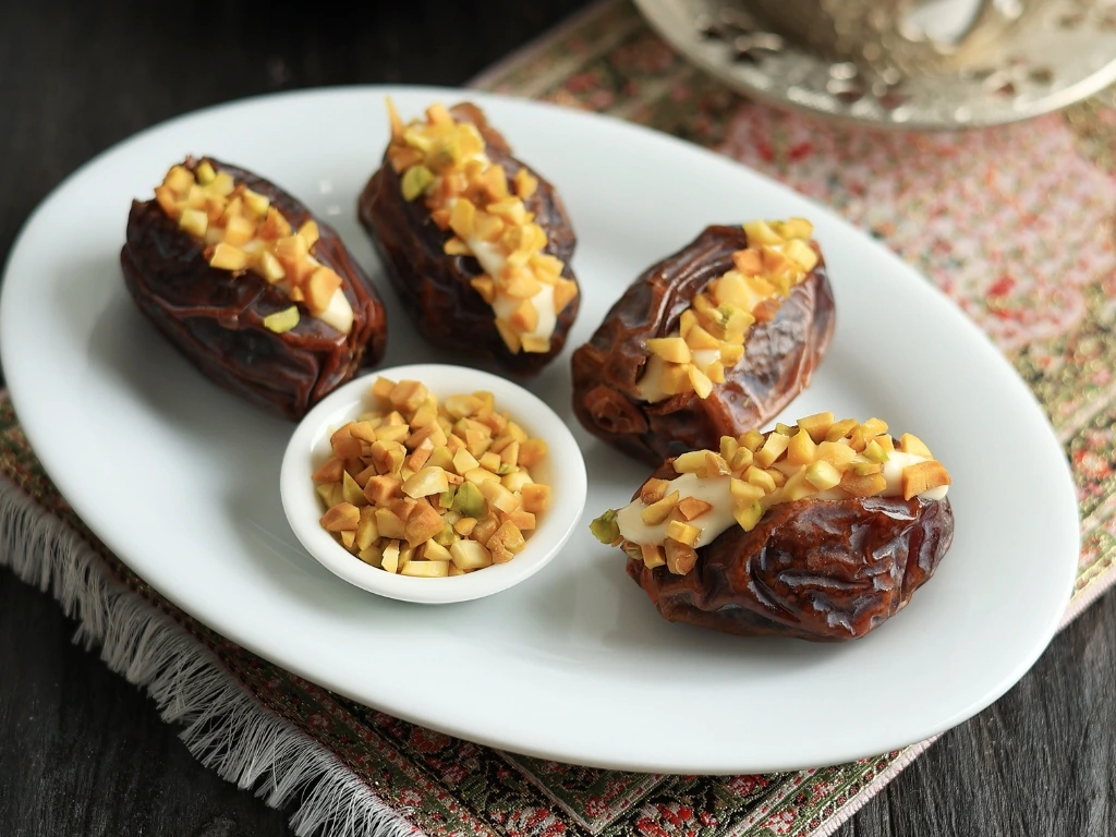 Dates stuffed with cheese and sliced pistachios, served on an elongated plate with extra nuts