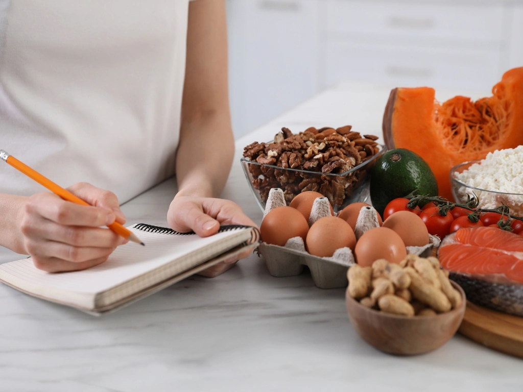 Woman taking notes with a pencil and a spiral notebook, with a variety of healthy foods laid out in front of her