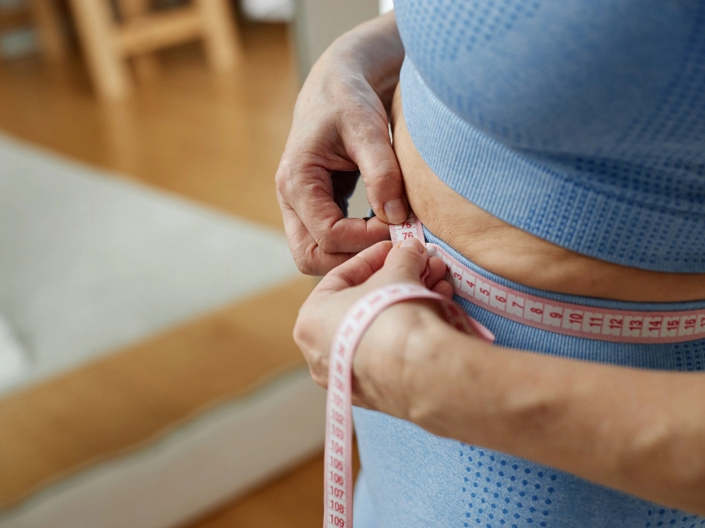 Woman in blue sportswear checking her waist size with a measuring tape