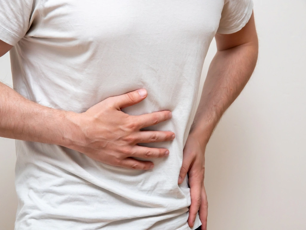 Man in a white shirt holding his stomach in pain
