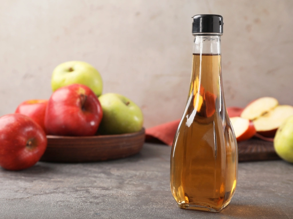 Bottle of apple cider vinegar with red and green apples in the background