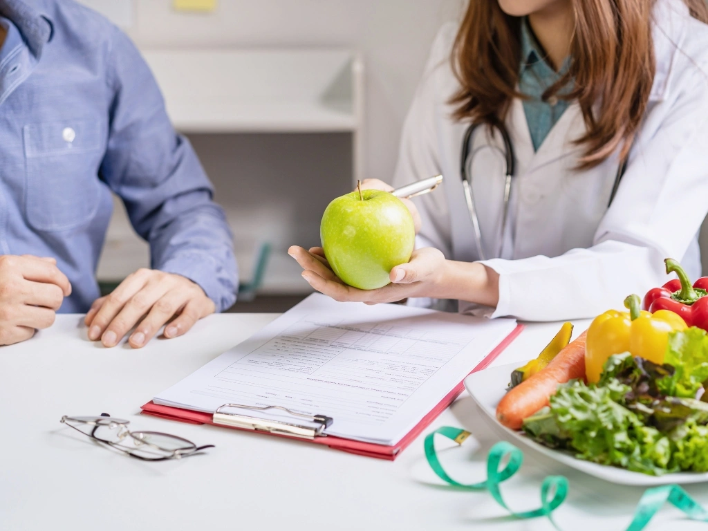 Nutritionist holding a green apple while consulting with a patient at a desk
