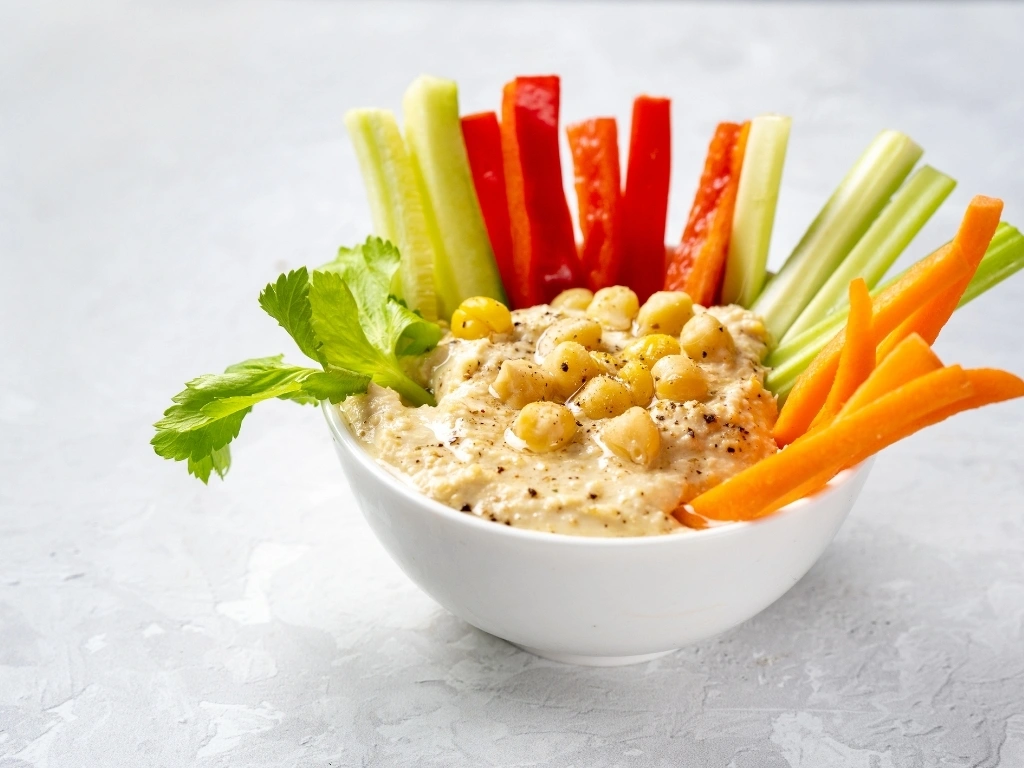 A bowl of hummus served with raw vegetables