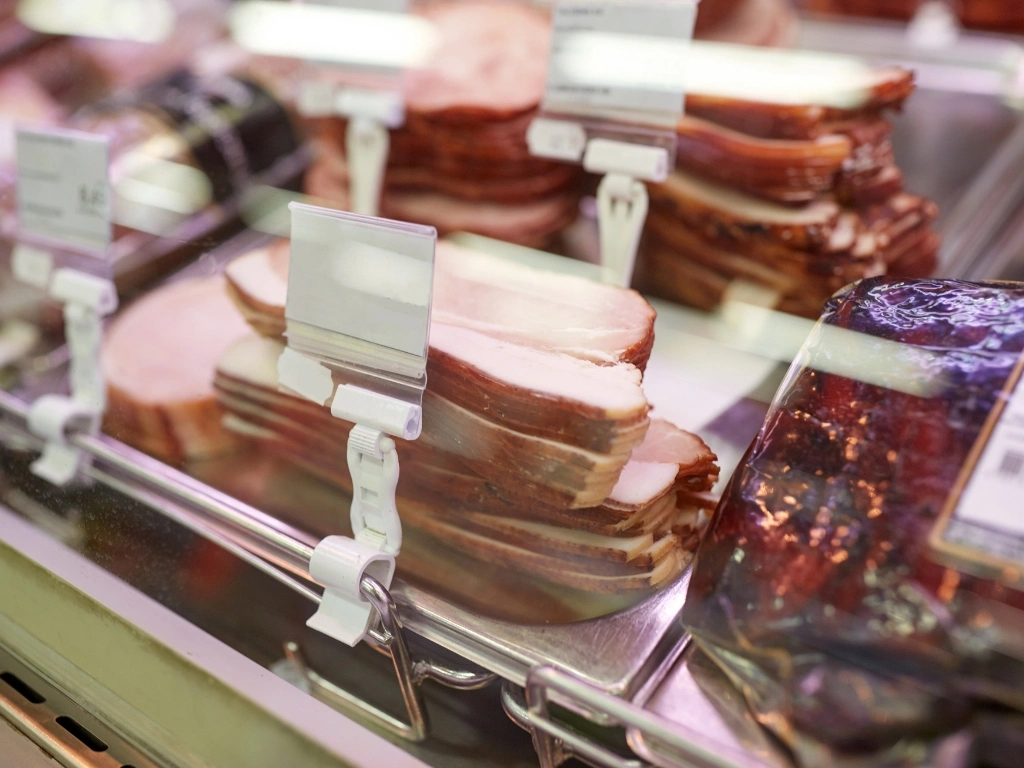 Stacks of deli meats on display in the grocery