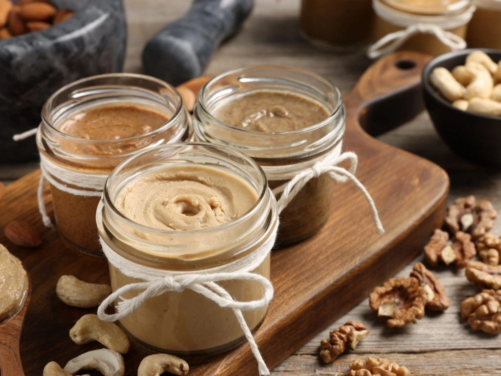 Three jars of different nut butters on a wooden board, next to a wooden spoon and various nuts across the table