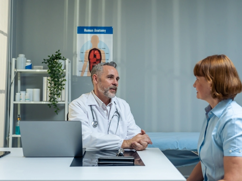 Woman speaking with a male healthcare provider at a clinic