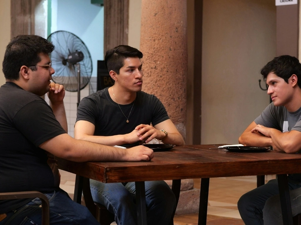 Three young men sitting at a wooden table in an indoor patio setting, engaged in a serious conversation.