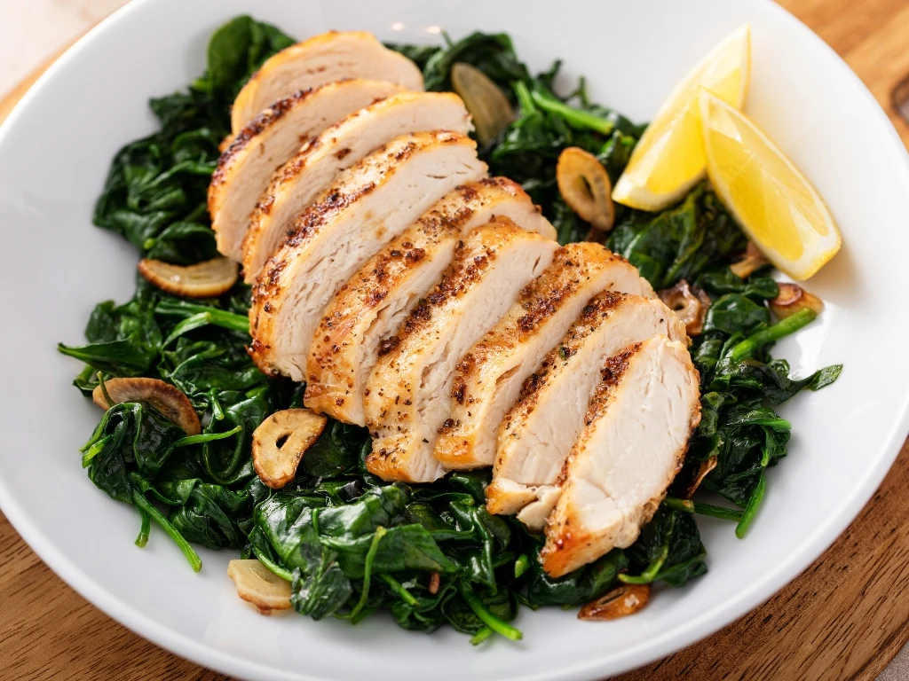 Grilled chicken breast over a bed of wilted spinach, garnished with sliced nuts and served with lemon wedges
