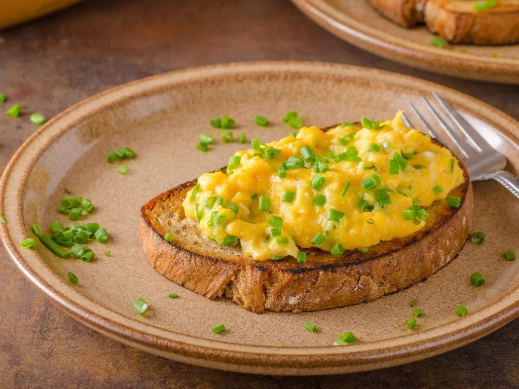 Soft scrambled eggs on sourdough toast