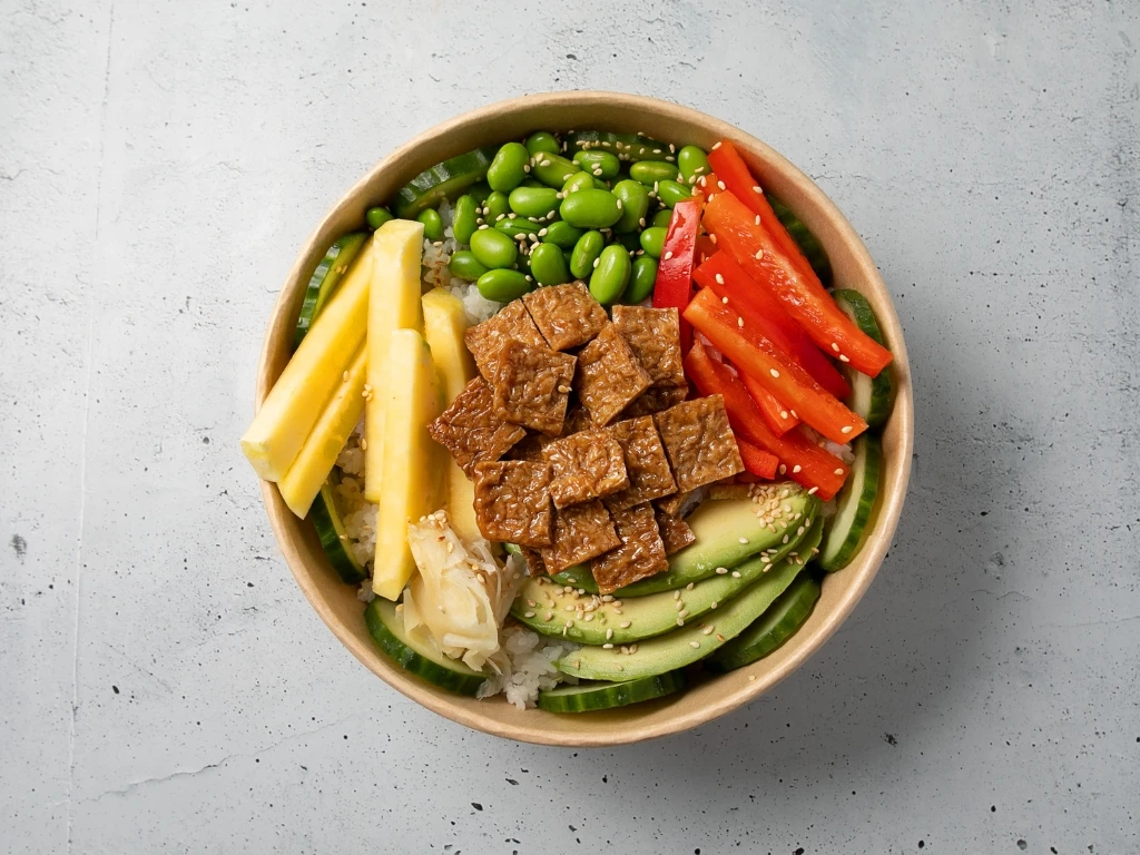 Vegan tofu poke bowl on a brown paper container