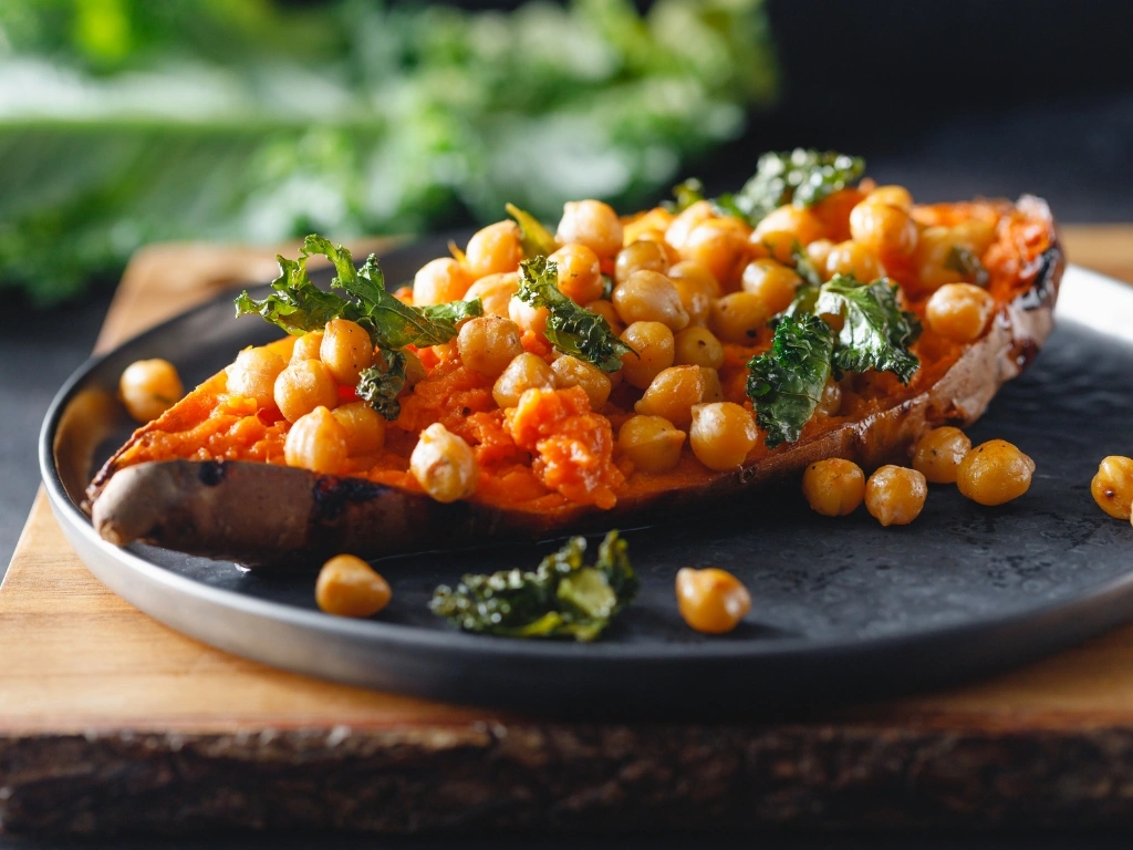 Baked sweet potato stuffed with roasted chickpeas and kale served on a dark plate