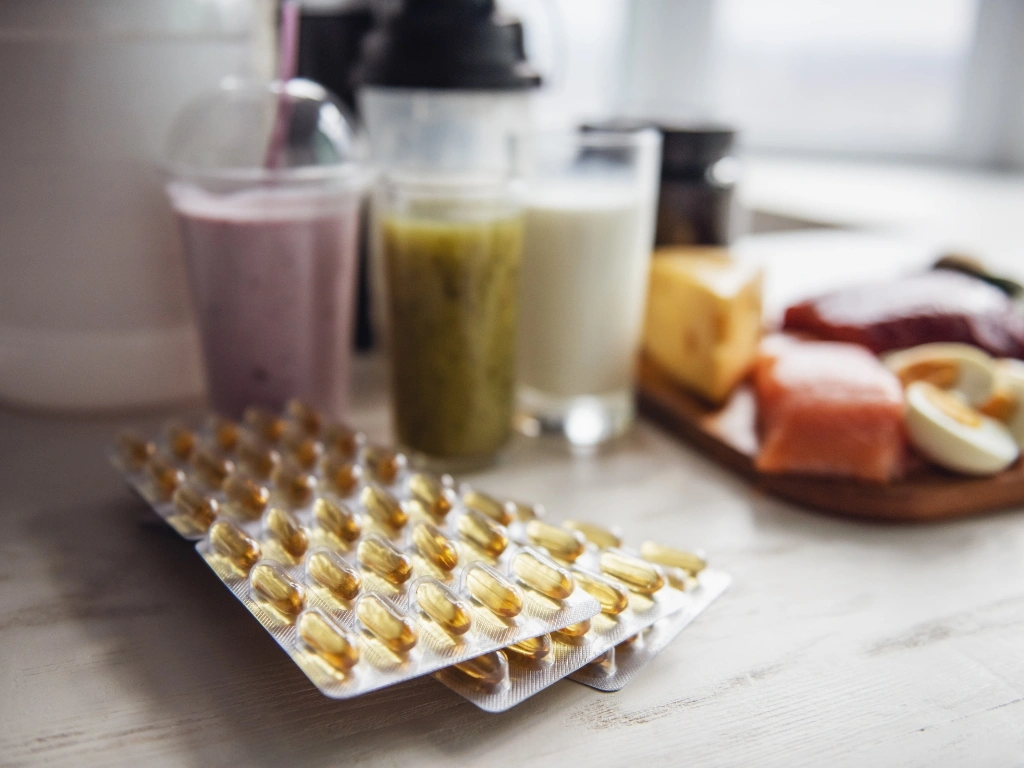 Blister packs of yellow softgels in the foreground with protein shakes, eggs, and salmon in the background