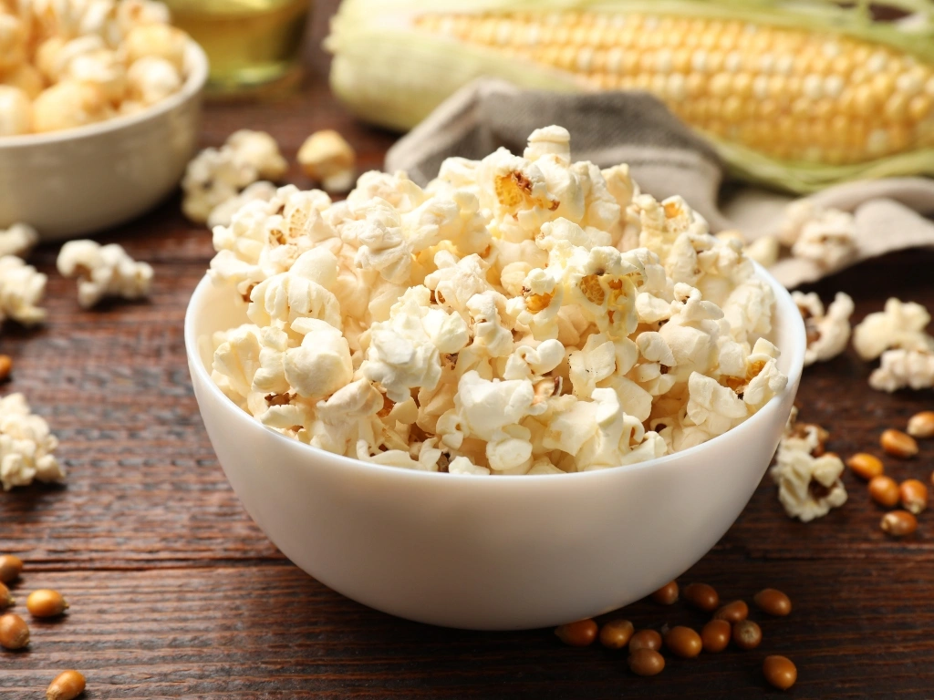 White bowl filled with popcorn on a wooden table with kernels and an ear of corn