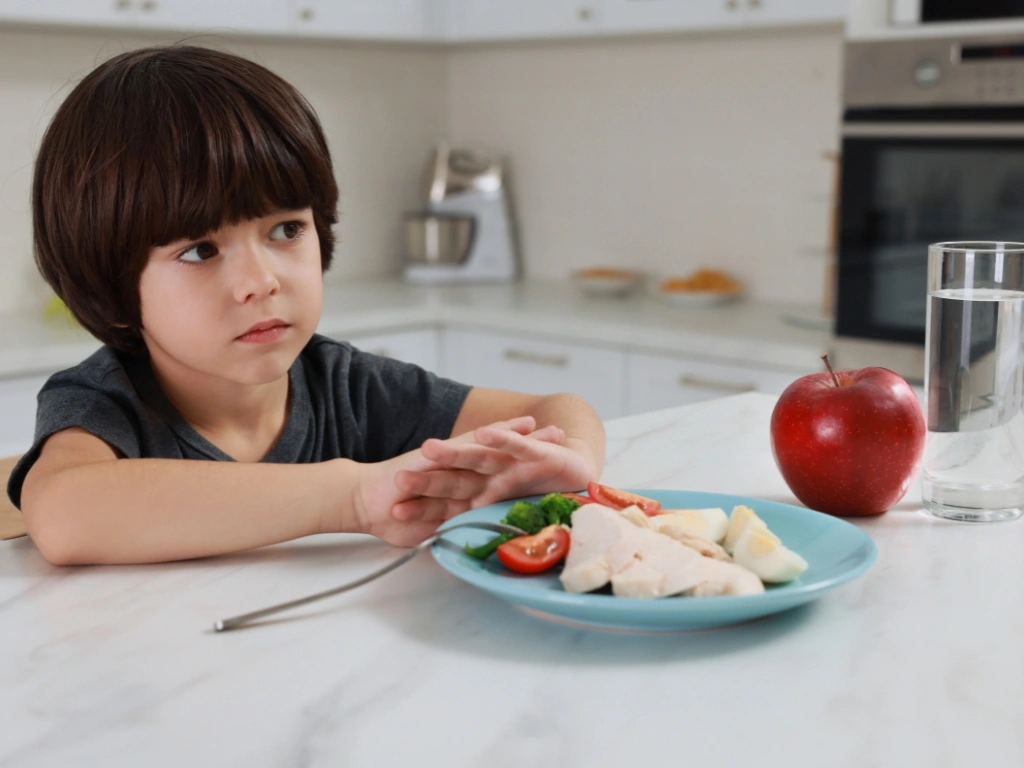 Young child sits at a kitchen table refusing to eat