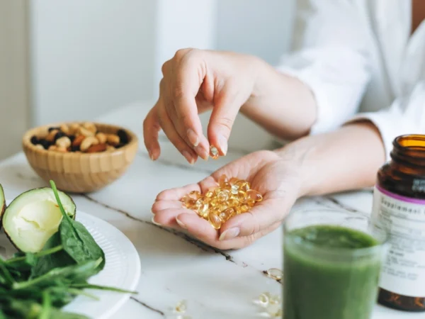 Woman holding a softgel supplement and a handful of the same vitamins beside a table with mixed vegetables, nuts, a green smoothie, and an open amber medicine bottle