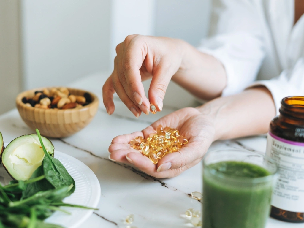 Woman holding a softgel supplement and a handful of the same vitamins beside a table with mixed vegetables, nuts, a green smoothie, and an open amber medicine bottle