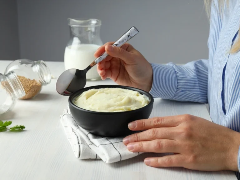 A woman eating a bowl of mashed potatoes with a spoon