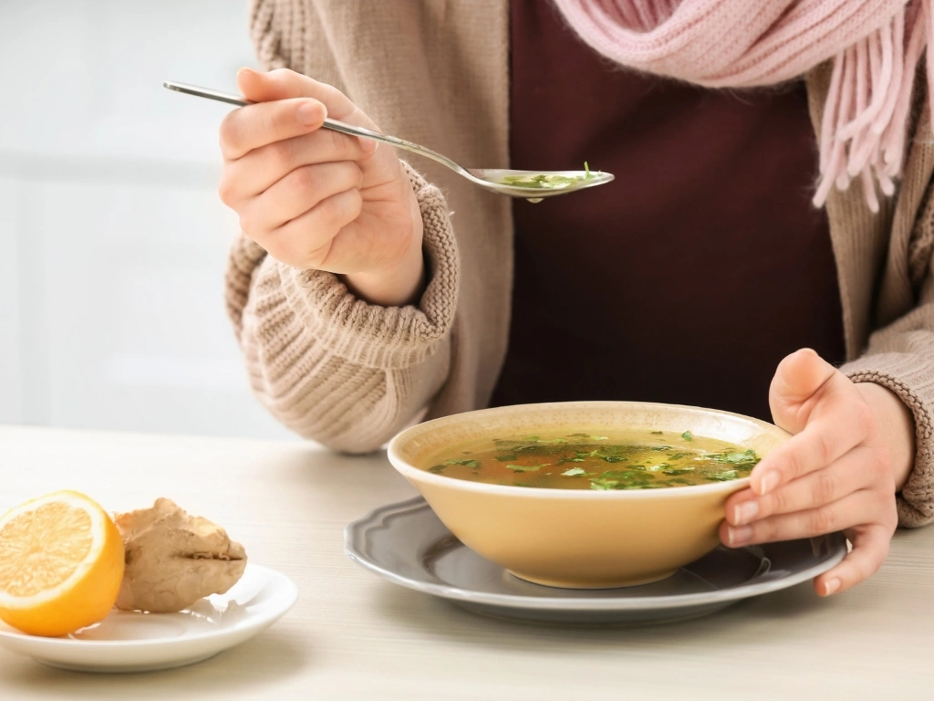 Person wearing a scarf eating a bowl of warm soup