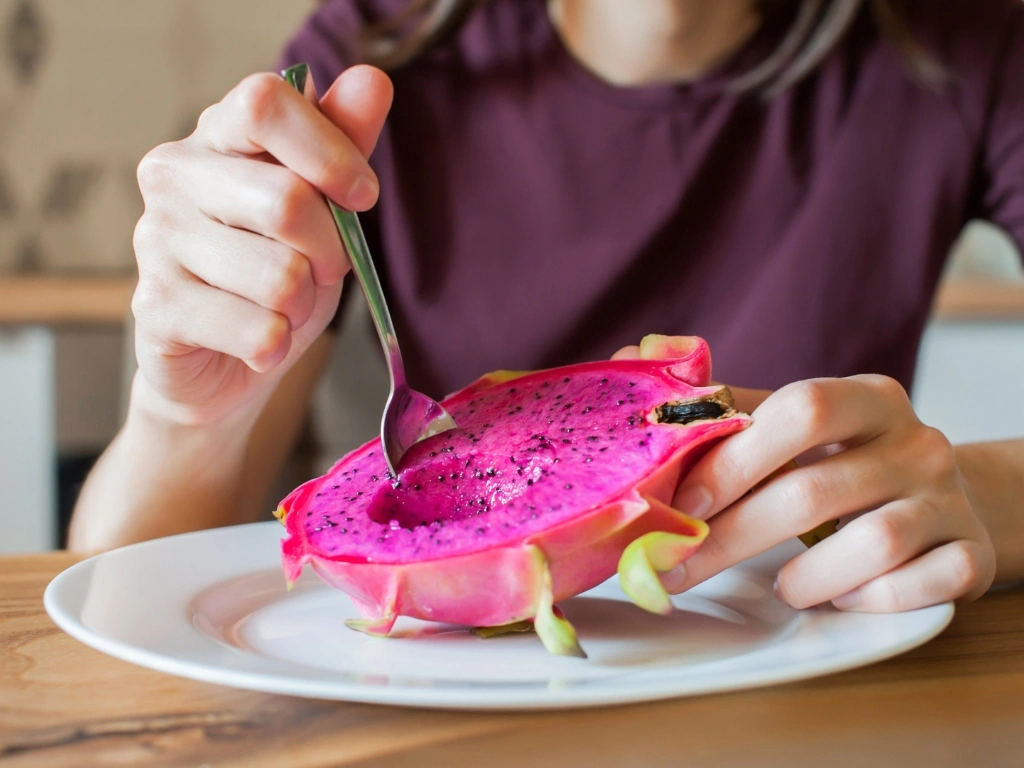 Person uses a spoon to eat a vibrant pink dragon fruit on a plate
