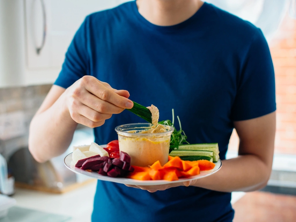 Man holding a plate of hummus surrounded by fresh sliced carrots, cucumbers, beets, and cherry tomatoes