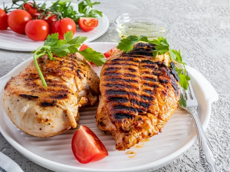 Grilled chicken fillet with sliced tomatoes on a plate