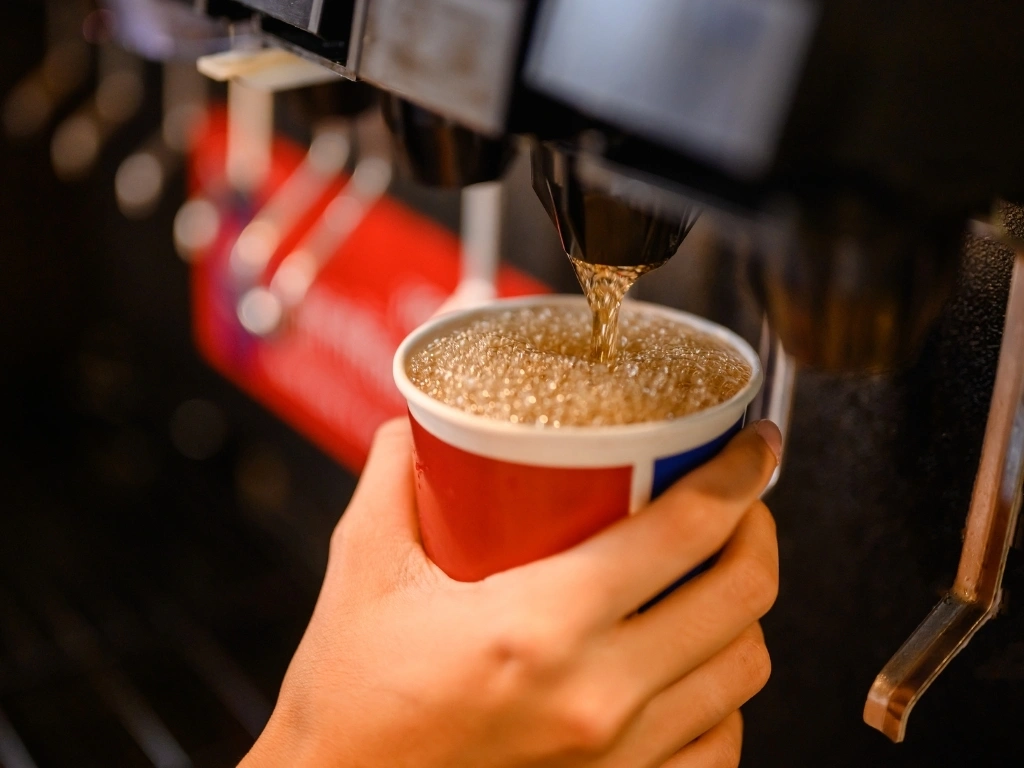 Person filling a large cup with soda from a soft drink dispenser