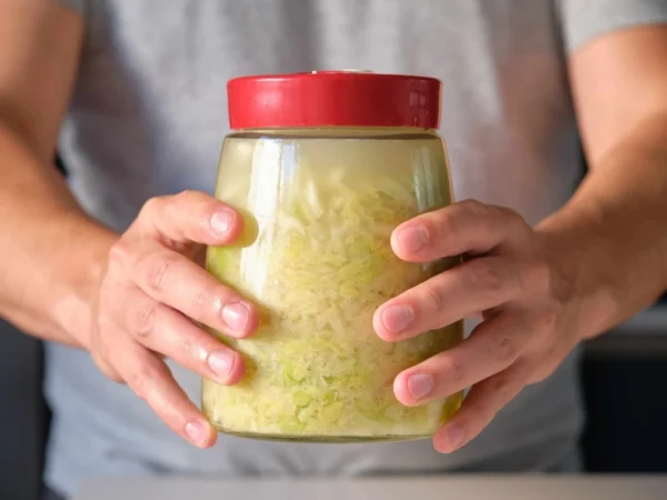 Person holding a jar of sauerkraut