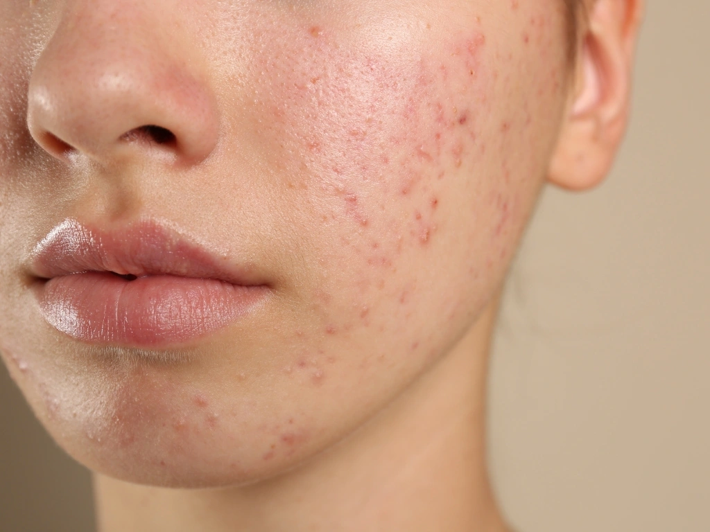 Close-up of a woman with rosacea