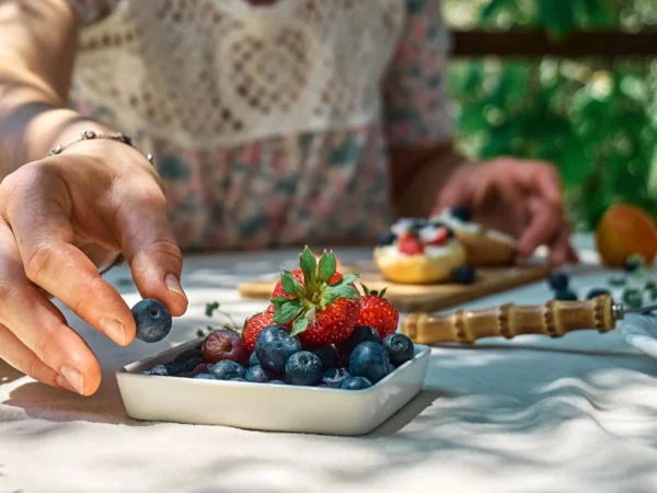 Person handpicking a blueberry from a small dish of fresh strawberries and blueberries