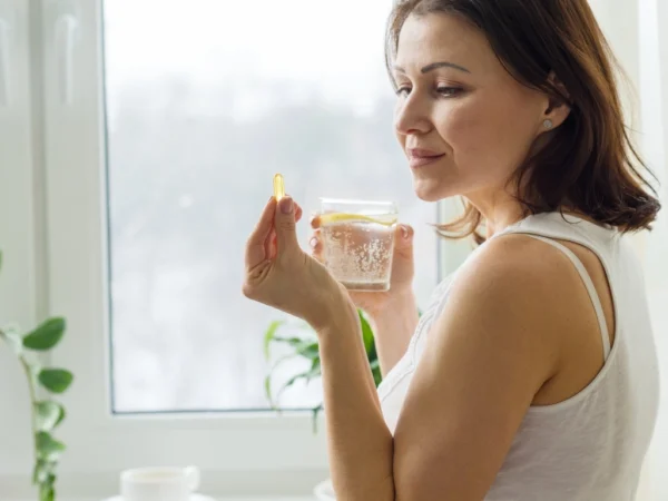 Woman looking at a softgel capsule while holding a glass of lemon-infused water