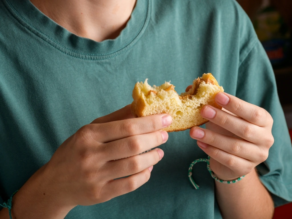 Person holding a partially eaten sandwich